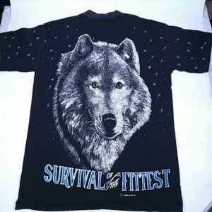 Vintage 90s Wolf AOP All Over Print T-Shirt Mens Size XL Black Natural Wildlife